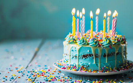 birthday cake with candles on a blue wooden background. tinting. selective focusの素材
