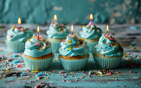 Cupcakes with blue frosting and candles on a wooden backgroundの素材