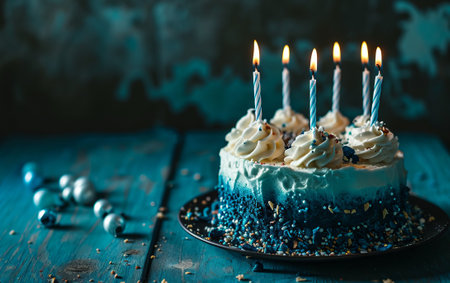Birthday cake with candles on a blue wooden background, selective focusの素材