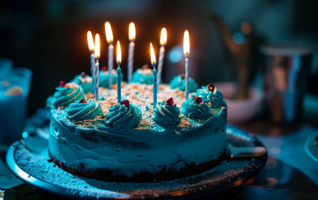 Birthday cake with burning candles on the table. Selective focusの素材