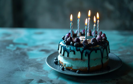 Birthday cake with blueberries and candles on a blue background.の素材