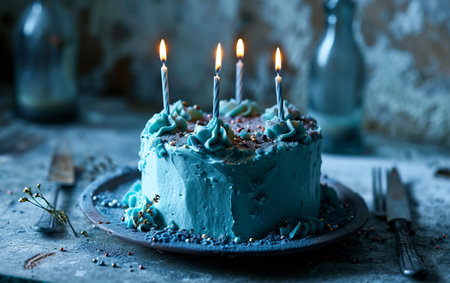 birthday cake with candles on a dark background. tinting. selective focusの素材