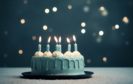Birthday cake with burning candles on blue background with bokehの素材