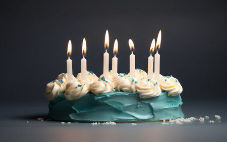 Birthday cake with burning candles on gray background, close-upの素材