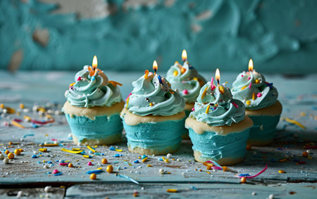 Birthday cupcakes with blue frosting and candles on a wooden backgroundの素材