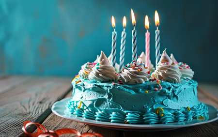 birthday cake with candles on a wooden background. tinting. selective focusの素材