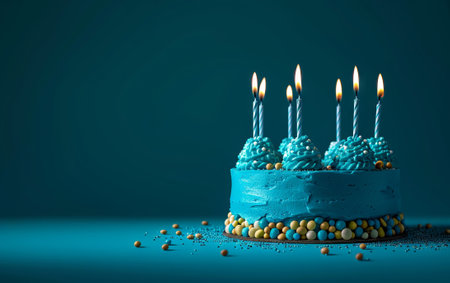 Birthday cake with burning candles on blue background, 3d renderの素材