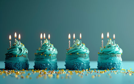 Birthday cupcakes with candles on blue background, closeup viewの素材
