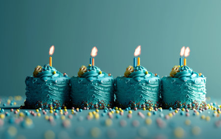 Birthday cake with candles on blue background, 3d render.の素材