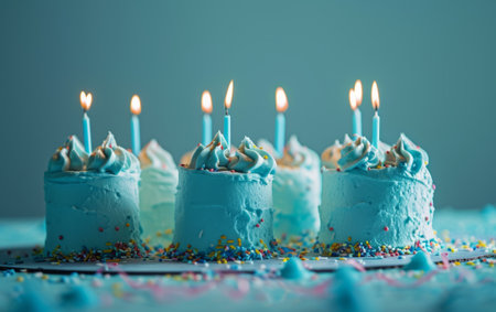 Birthday cake with candles on a blue background. Toned.の素材