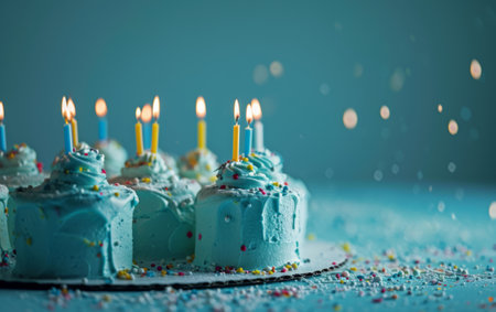 Birthday cake with candles on a blue background. Selective focus.の素材