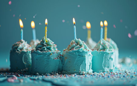 Birthday cake with burning candles on blue background, close-upの素材