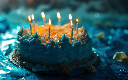 Birthday cake with burning candles on blue background, close-upの素材