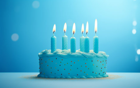 Birthday cake with burning candles on blue background. 3d illustrationの素材