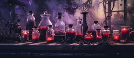 Spooky Halloween concept. Magic potion in old bottles on dark toned foggy background. Selective focusの素材
