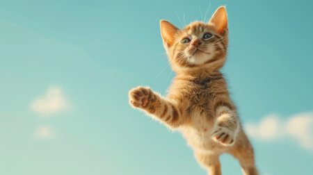 Cute little kitten jumping over blue sky background with copy space.の素材