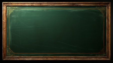 Green chalkboard with golden frame, isolated on a black background.の素材