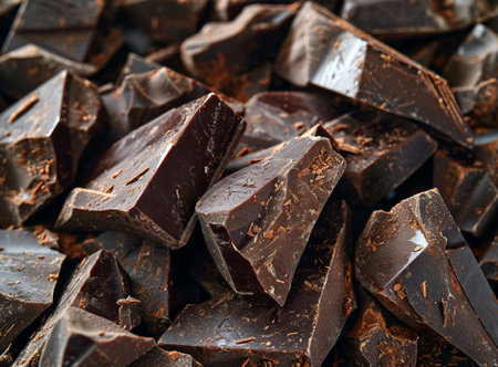 Pieces of dark chocolate with chocolate shavings, closeupの素材