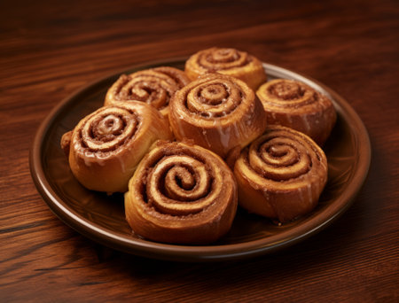 Cinnamon rolls on a plate on a wooden background. Selective focus.の素材