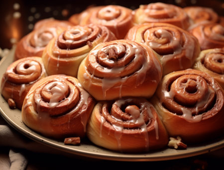 Freshly baked cinnamon rolls on a plate. Selective focus. Toned.の素材