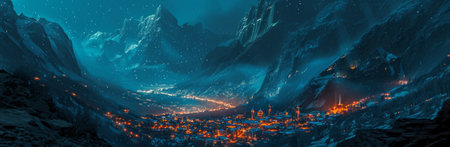 3D illustration of a city in the mountains at night with neon lightsの素材