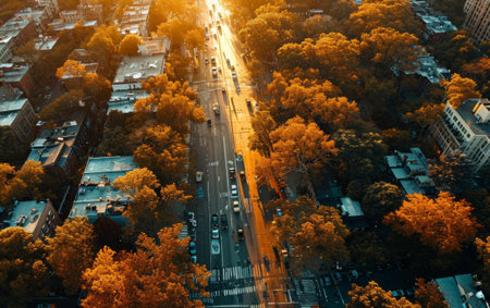 Aerial view of city street with cars and autumn trees at sunsetの素材