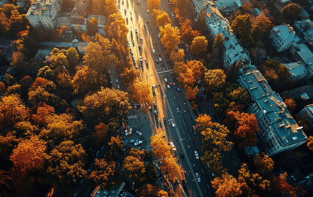 Aerial view of the city street at sunset. Beautiful autumn landscape.の素材