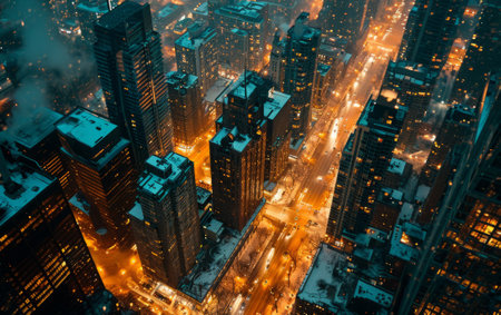 Aerial view of skyscrapers and high-rise buildings in the city at nightの素材