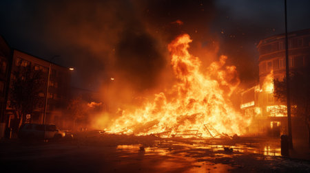 Flames in the city at night. Fire in the city.の素材