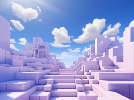 Abstract 3d city with blue sky and white clouds on the backgroundの素材