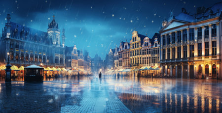 Grote Markt in Brussels, Belgium at night with rain.の素材