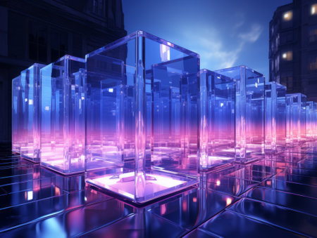 3d render of glass cube in the city at night with lightsの素材