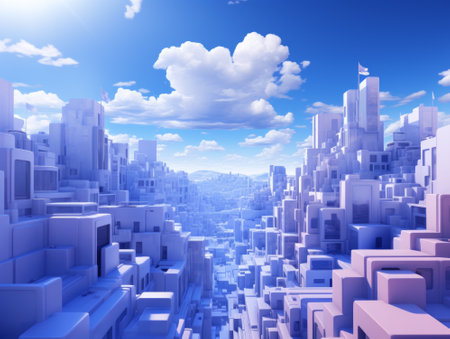 abstract city background with blue sky and clouds, 3d renderの素材