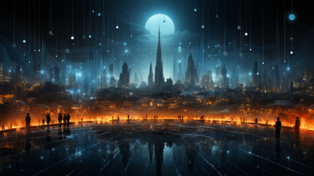 Futuristic city with people silhouettes in front of the moonの素材