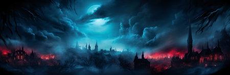 Horror landscape with haunted castle at night. Halloween concept. 3D Renderingの素材