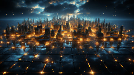 3D illustration of futuristic city with glowing lights. Futuristic city conceptの素材