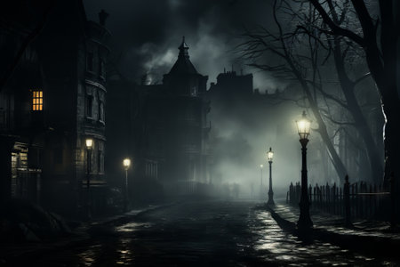 Foggy night in the old town. 3D rendering.の素材