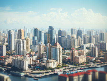 Aerial view of Singapore cityscape with skyscrapers and buildings.の素材