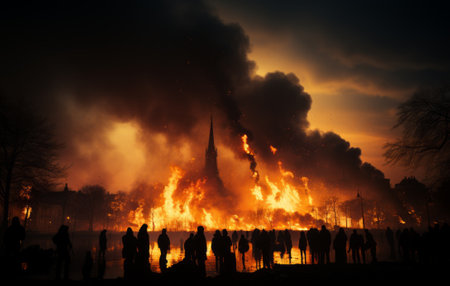 Burning building in the city at night with people in the foregroundの素材