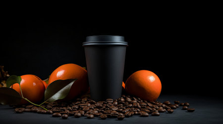 Coffee cup and coffee beans on a black background with copy spaceの素材