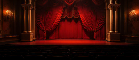 Theater stage with red curtains and spotlights. 3d renderingの素材