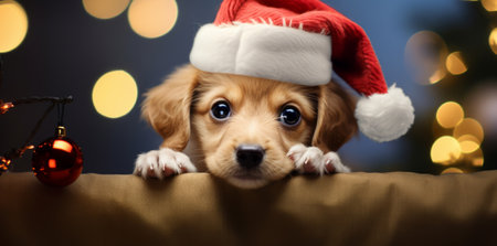 Cute puppy in santa hat on christmas lights background.の素材