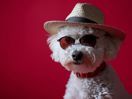 Portrait of a white dog wearing a hat and sunglasses on a red backgroundの素材