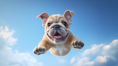 3D rendering of a cute puppy dog flying in the blue skyの素材