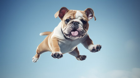 Funny dog jumping on blue sky background. Funny English bulldog.の素材