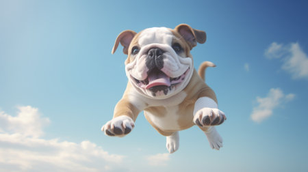 english bulldog jumping in the air with blue sky and clouds backgroundの素材