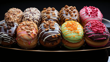 assorted donuts with chocolate frosted, pink glazed and sprinkles donuts.の素材