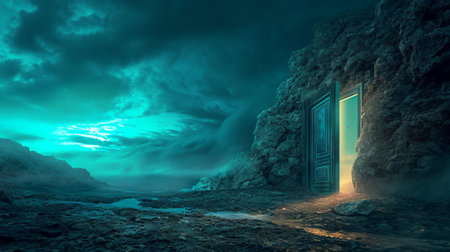 Door to the future. 3D render. Fantasy landscape.の素材
