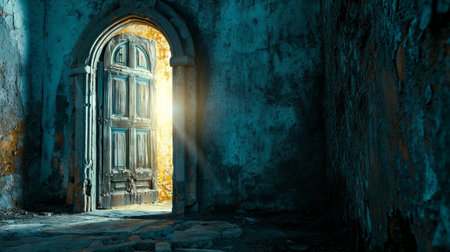 Old church door with sunlight coming through it. 3D Renderingの素材