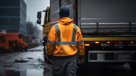Portrait of a truck driver standing in front of the truck.の素材